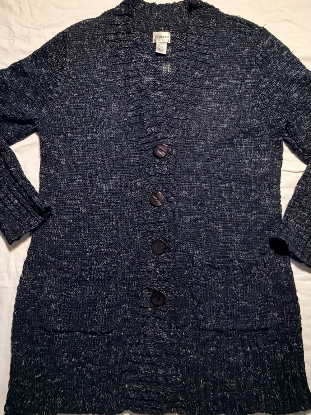 Chico's Sz 1 Navy Blue Textured Button-Front Women's Cardigan